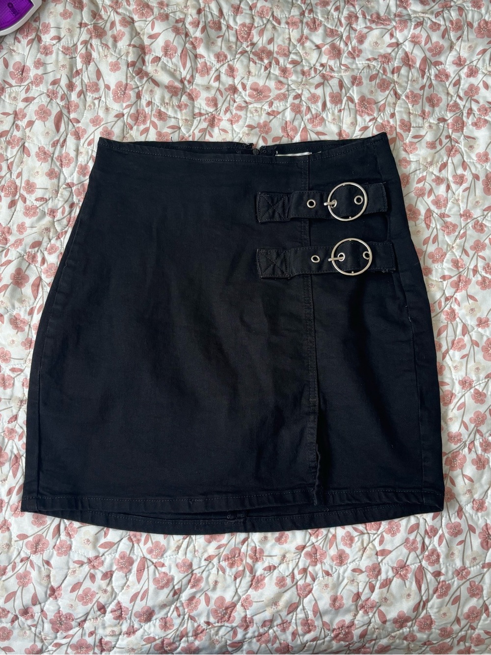 Windsor Black Mini Skirt with Double Buckle Accent